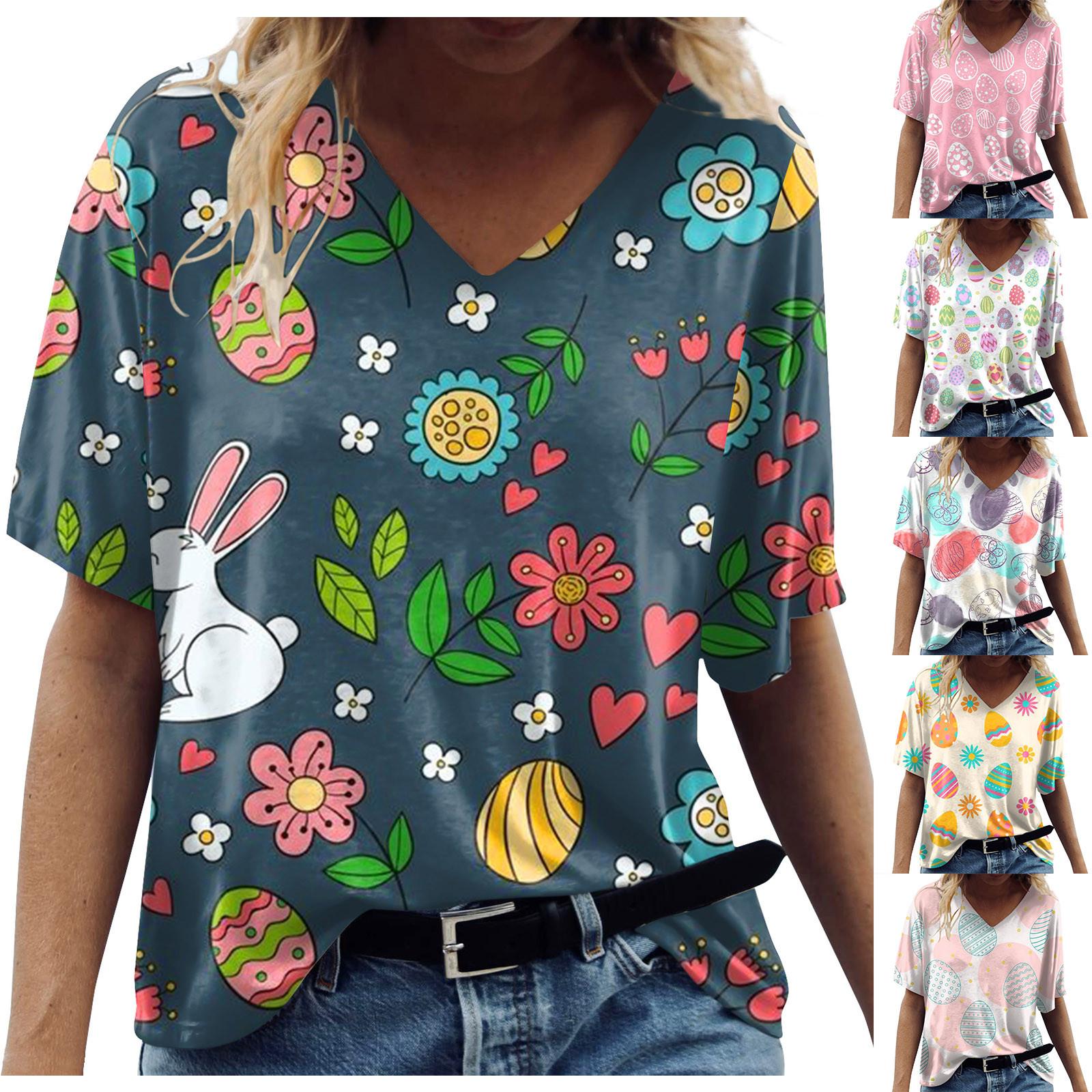 

Женские летние топы, повседневные модные футболки с короткими рукавами и v-образным вырезом, большие рубашки с пасхальным принтом, милые футболки, топы с принтом