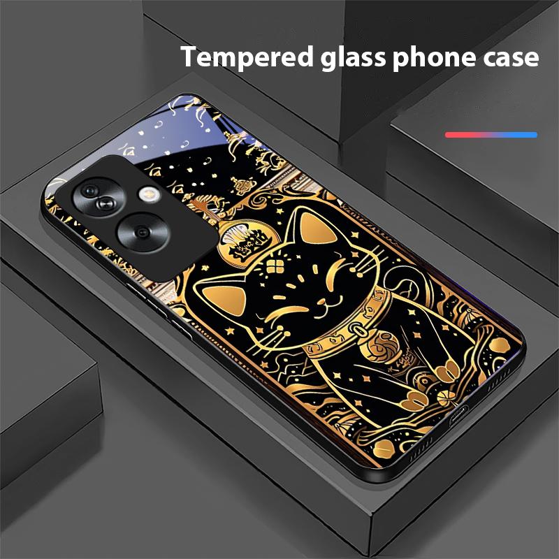 Schwarze Goldkatze für Oppo A79 5G 58 78 74 60 4G Reno 11F Realme GT 6 11 Note 50 10 C55 X2 Hartglas Schwarze Handyhülle