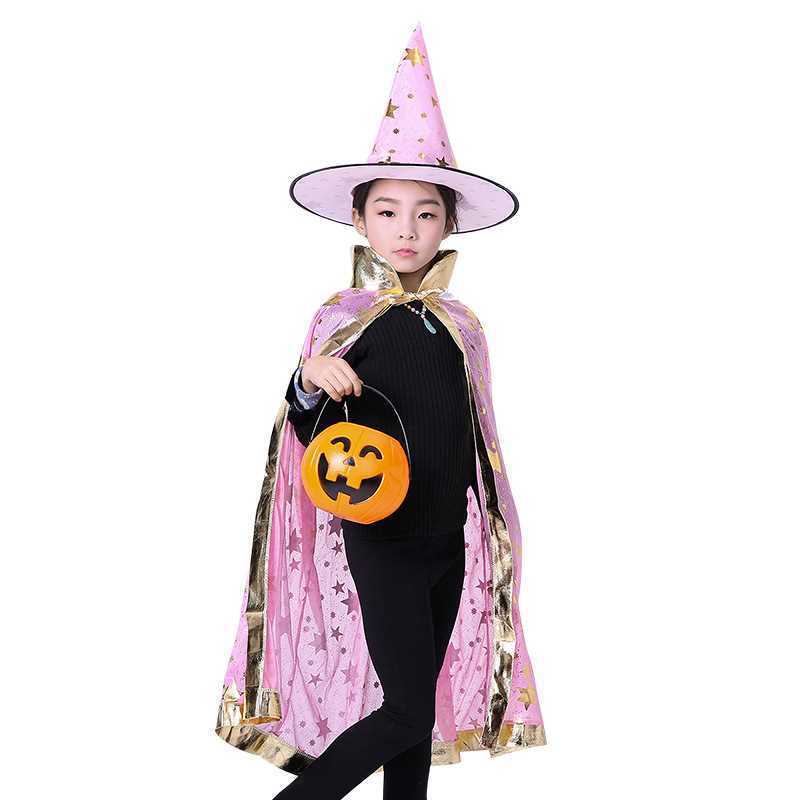 2pcs Halloween Cloak Children's Performance Costume Little Witch Magician Cosplay Five Star Cloak Hat Set Holiday Dress Up