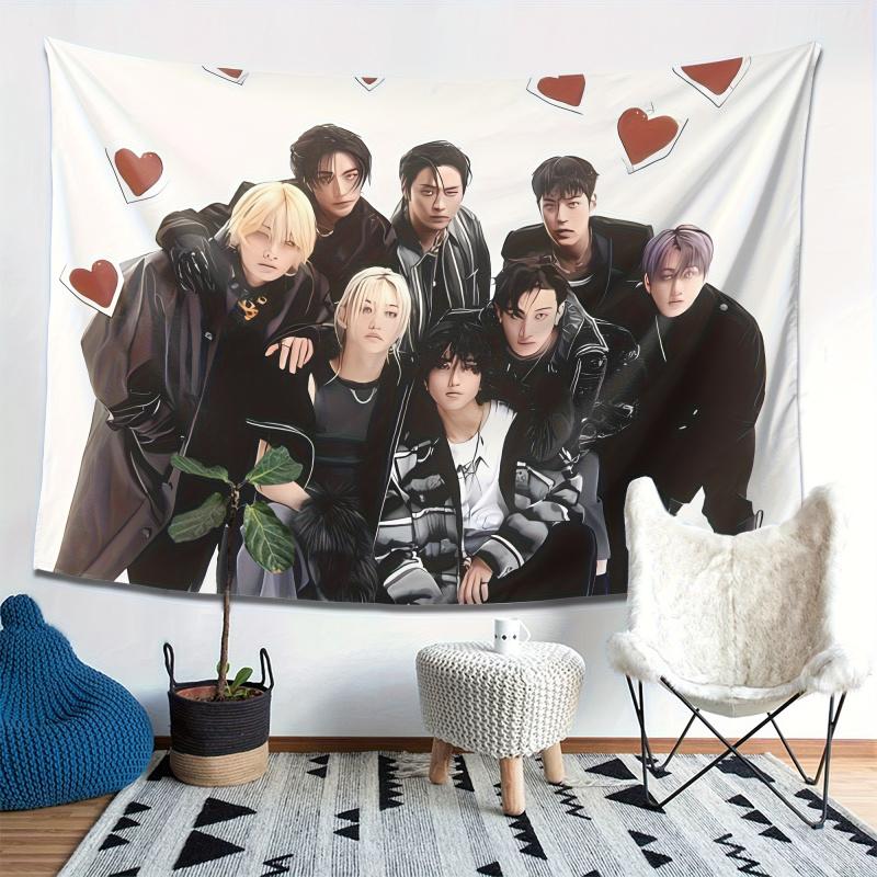 VIKAMA Stray Kids Member Illustration Tapestry KPop Fan Support Wall Hanging with Heart Elements for Bedroom Decor