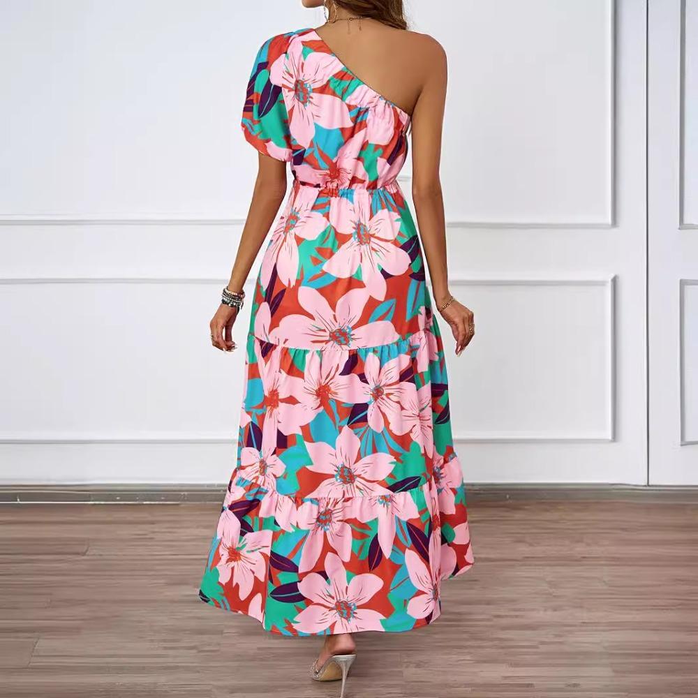 Summer New Sexy Slant Neck Printed Bohemian Seaside Vacation Long Skirt Dress