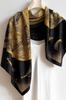 Women' Scarf 90X90 "Golden Unicorn in Space" - Black Scarf with Moon and Planets, Imitation Silk