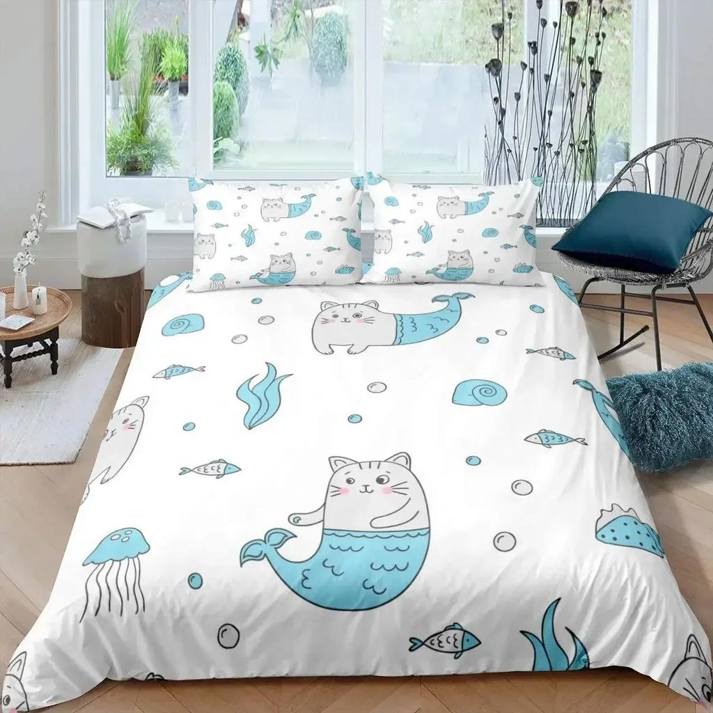 Rainbow Cartoon Cat Colorful Mermaid Comfortable Duvet Cover Pillowcase Bedding Set Children Bedroom Decoration Home Textile