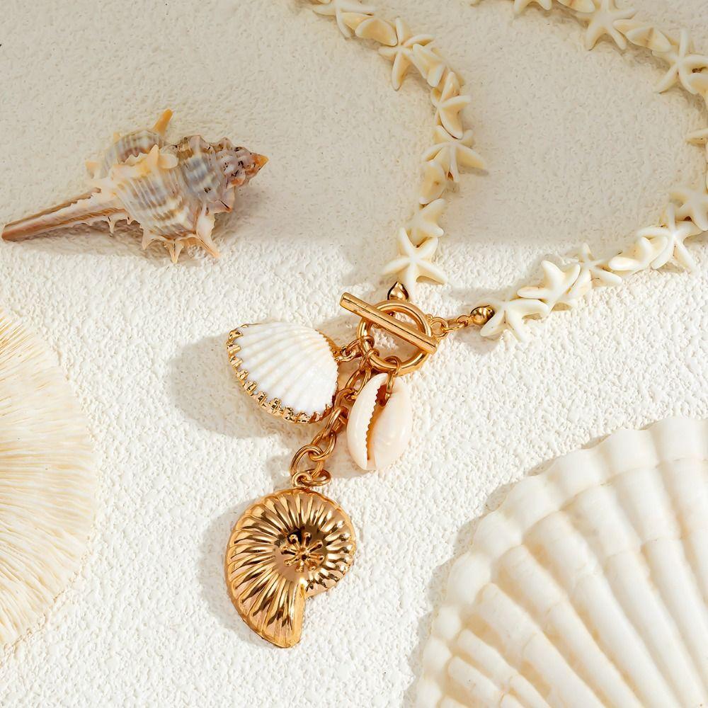 Charm Natural Shell Starfish Beaded Necklace Sea Series Shell Beaded Chain  Women