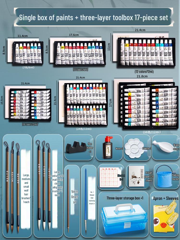Čínské malířské pigmenty: 12 barev pro začátečníky v kaligrafii a sada 24 barev pro malbu Gongbi pro studenty a děti