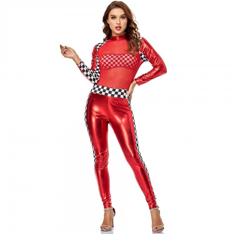 Red Sexy Jumpsuit Cheerleading Outfit PU Leather Football Girl Role Play Costume