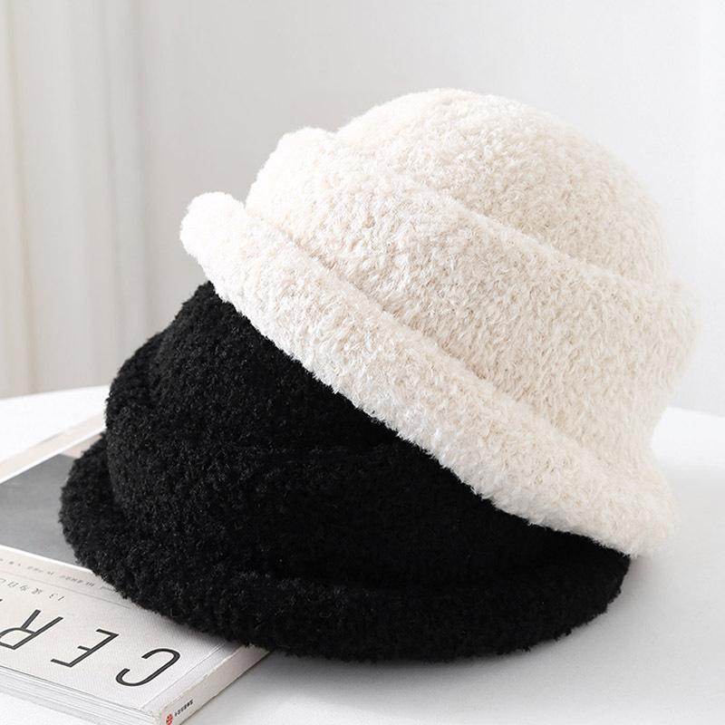 Solid Color Bucket Hat Autumn and Winter Women's Fashion Warm and Cold Basin Hat Light Plate Plush Rabbit Hair Blend Simple and Versatile