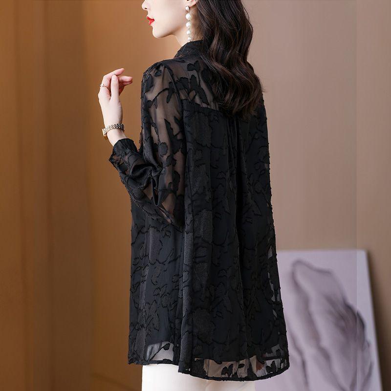 Large Size Chiffon Shirt Women's Loose Hollow Top Lace Bottom Shirt Fashionable