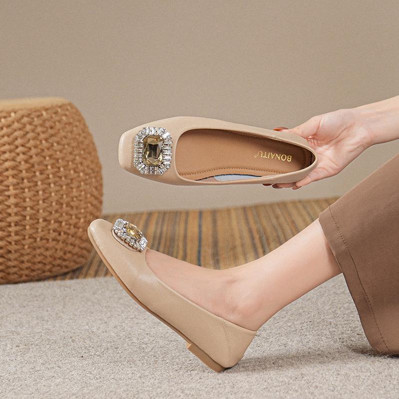 Women's Genuine Leather Slip-On Flats, Nude, Square Toe, Soft Sole, Plus Size, 2025 Edition