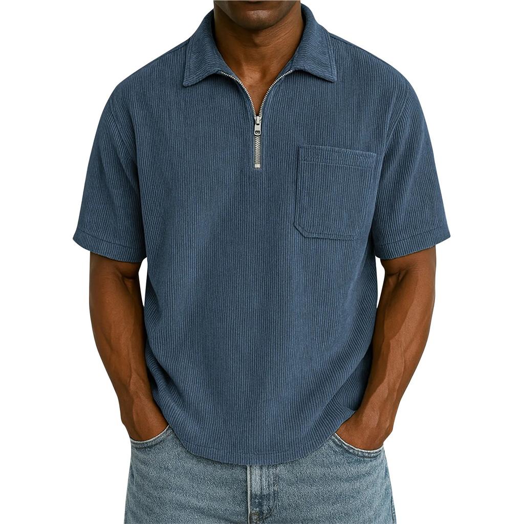 Men's Summer Solid Color Zipper Pocket Lapel Loose Short Sleeve Top
