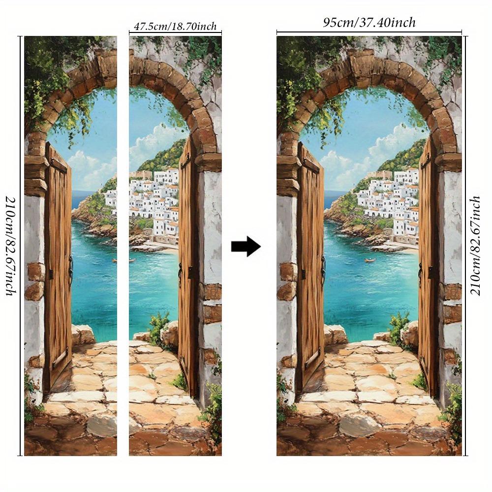 Adesivos de porta com tema oceano azul apresentando designs de arcos de pedra e papel de parede de paisagem mediterrânea, adequados para decoração de casa.