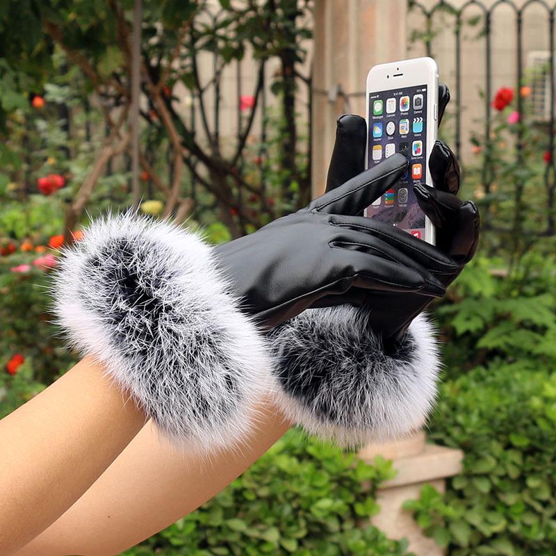 Warm Leather Gloves for Women In Autumn and Winter Outdoor Riding PU Leather Color Rabbit Fur Mouth Plus Velvet Cold Proof Touch Screen Gloves