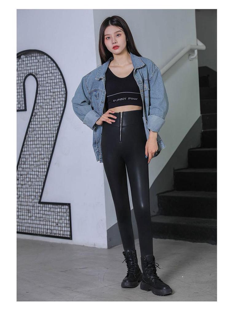 Women's High-Waisted Zipper Matte Leather Leggings - Fleece-Lined, Elastic, Slimming (Autumn/Winter 2020)