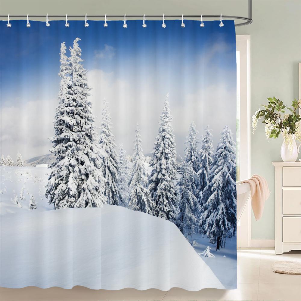 1 szt. Zimowy krajobraz Zasłona prysznicowa Scena śnieżna Drukowana Zasłona łazienkowa Tkanina poliestrowa Wodoodporna Zasłona do dekoracji domu