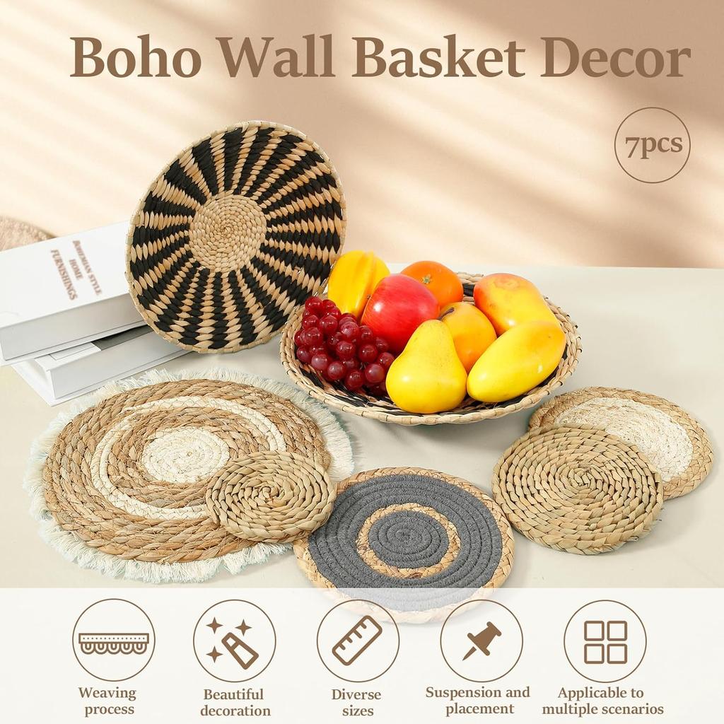 PieJoFpy 7 Pack Boho Wall Art - Seagrass Rattan Wicker Hanging Baskets, Round Flat Wall Decor