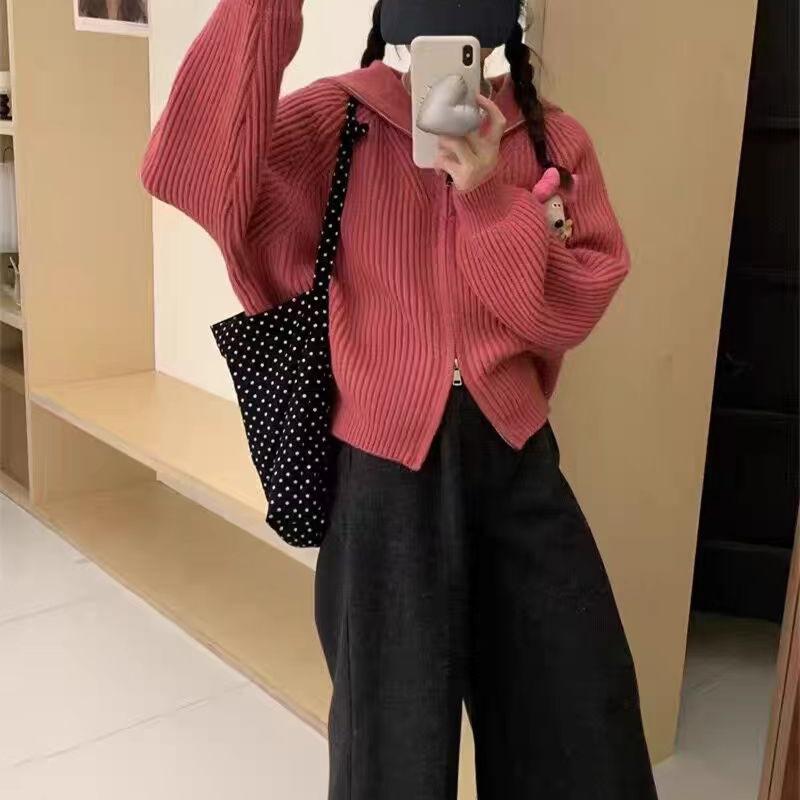 

Ленивый ветер вязаный кардиган женская одежда осень и зима новый на молнии большой лацкан свободный универсальный свитер куртка женская One size