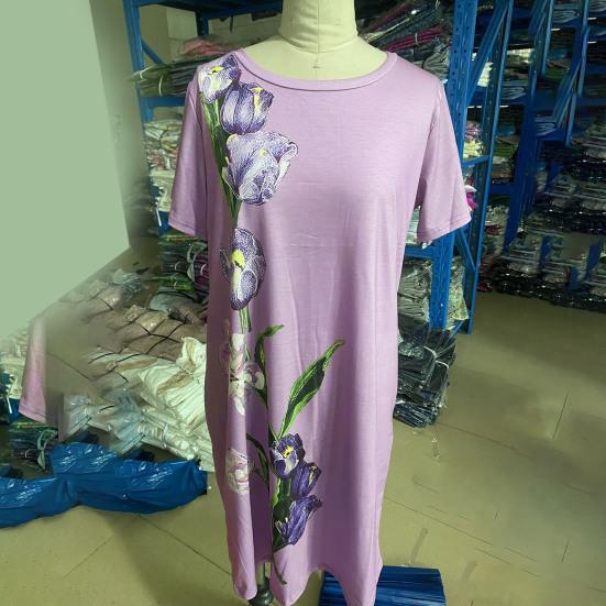 Women Dress Floral Breathable Pullover Sleeves O Neck Short Tulip Print Loose Soft A-line Knee