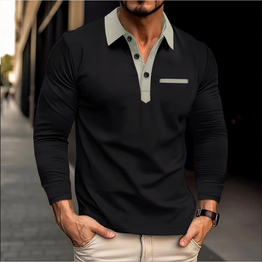 Men's Polo Shirt Button Solid Color Casual Long Sleeved T-shirt