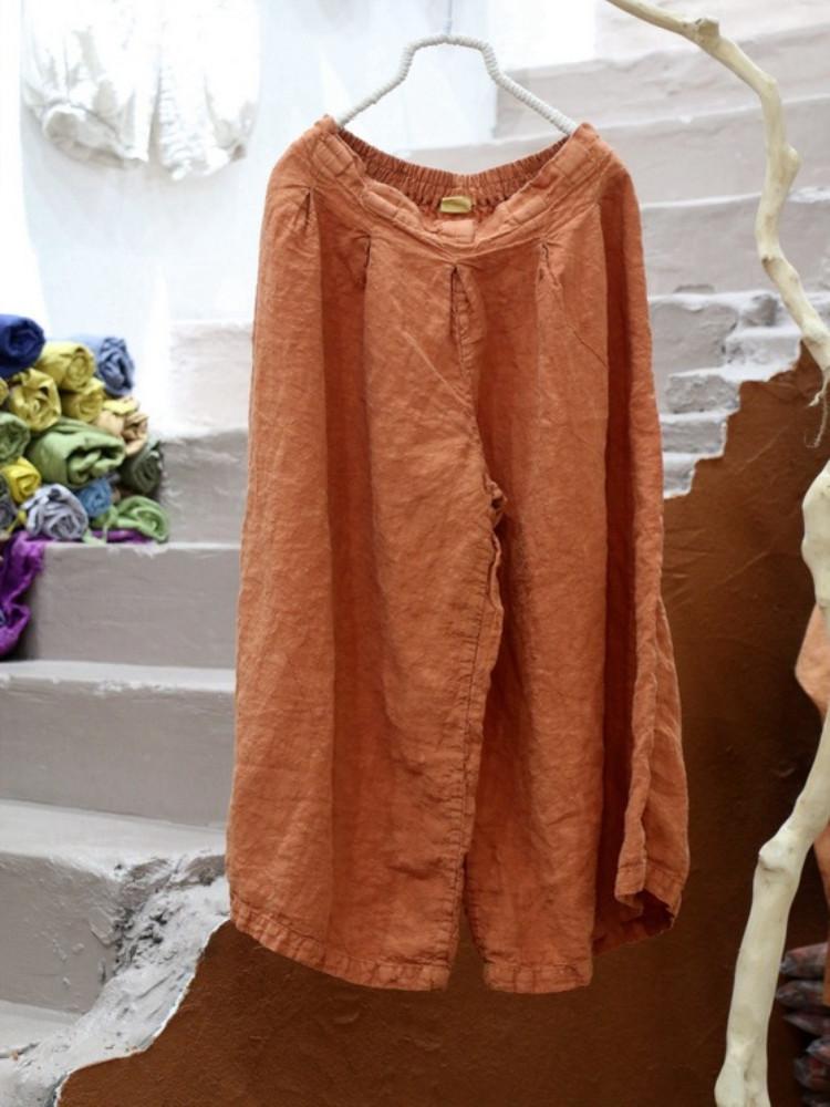 Johnature Summer Vintage Loose Cotton Linen Comforatble Elastic Waist Long Pants