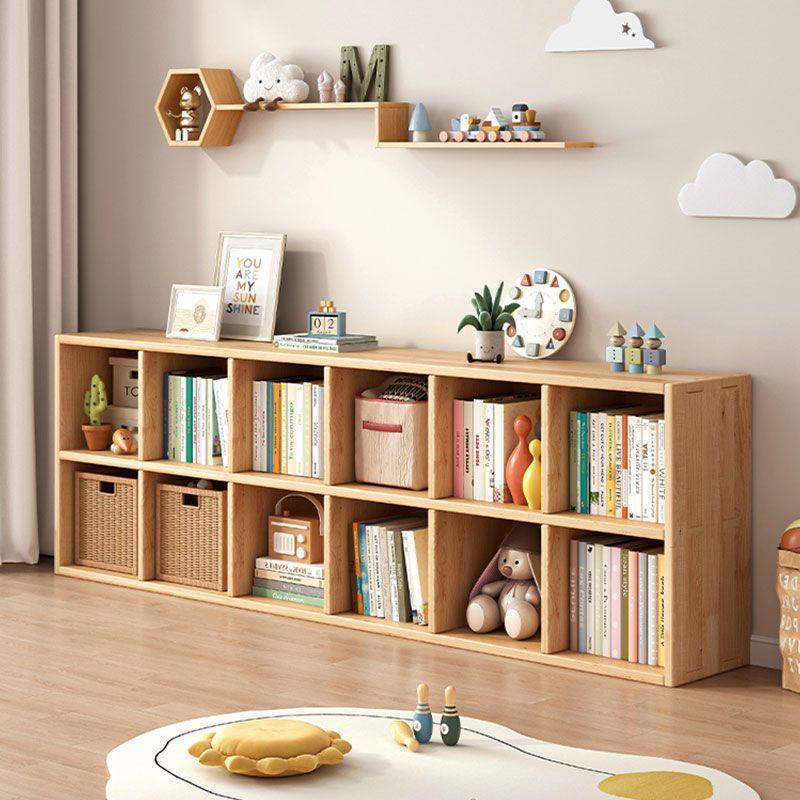 Solid Wood Bookshelf: Floor-Standing & Wall-Leaning Grid Cabinet for Living Room or Kindergarten Storage.