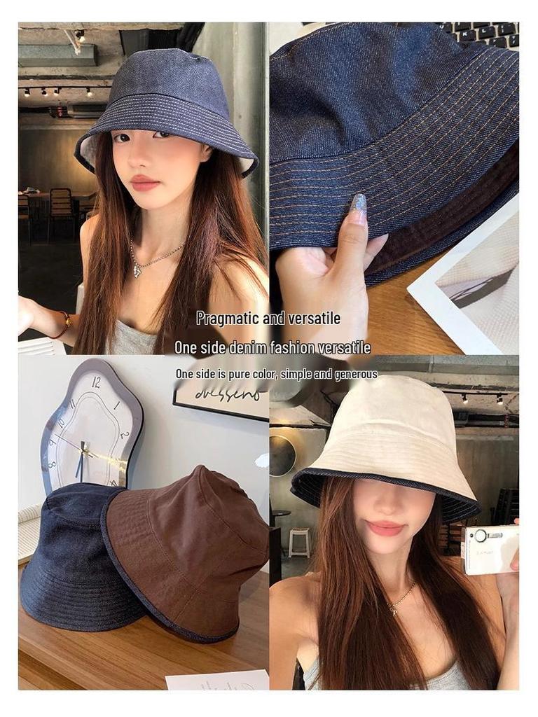 Women's Korean Reversible Denim Fisherman Hat - Spring/Autumn Fashion Versatile Slimming Bucket & Warm Beanie