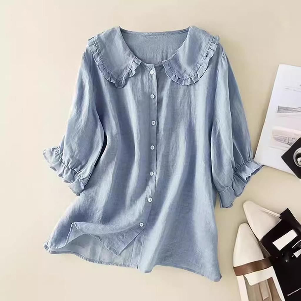 Damskie Codzienne Modne Bluzki Jednokolorowe Średni Rękaw Top na Guziki