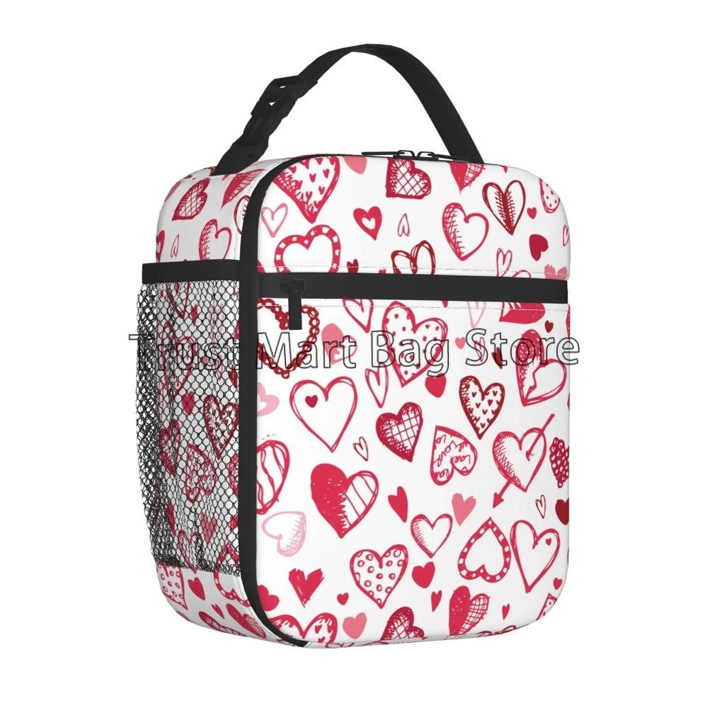 Red Pink Heart Insulated Lunch Bag for Women Romantice Love Heart Portable Reusable Thermal Lunch Box for Work Picnic Travel