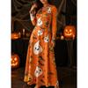 Vestito da Donna con Stampa Ragnatela e Zucca, Girocollo, Manica Lunga, Vestito Maxi Festivo di Halloween