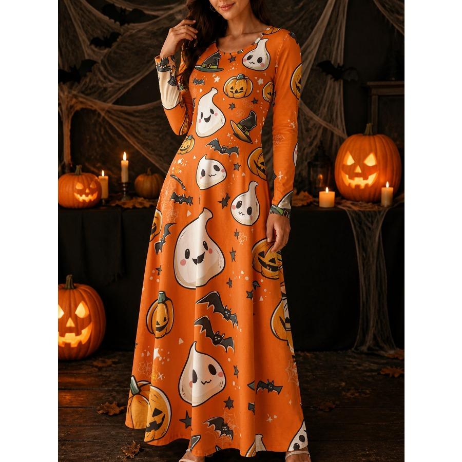 Vestito da Donna con Stampa Ragnatela e Zucca, Girocollo, Manica Lunga, Vestito Maxi Festivo di Halloween