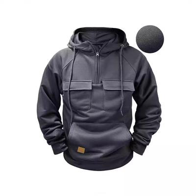 Men's Hooded Solid Color Sweatshirt - Patchwork, Multi-Pocket Workwear for Spring and Autumn. European and American Youth Sports Style.