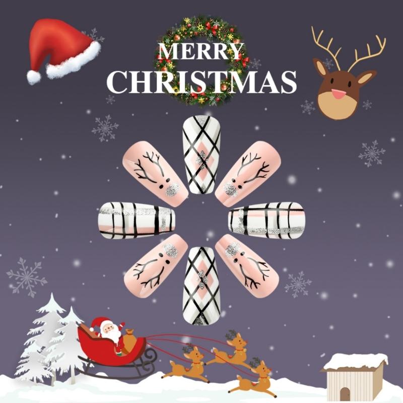 Glittering Christmas Elk Design Press On Nails Long Square Acrylic False Nails With Stripes Pattern 24Pcs Set Nail Art