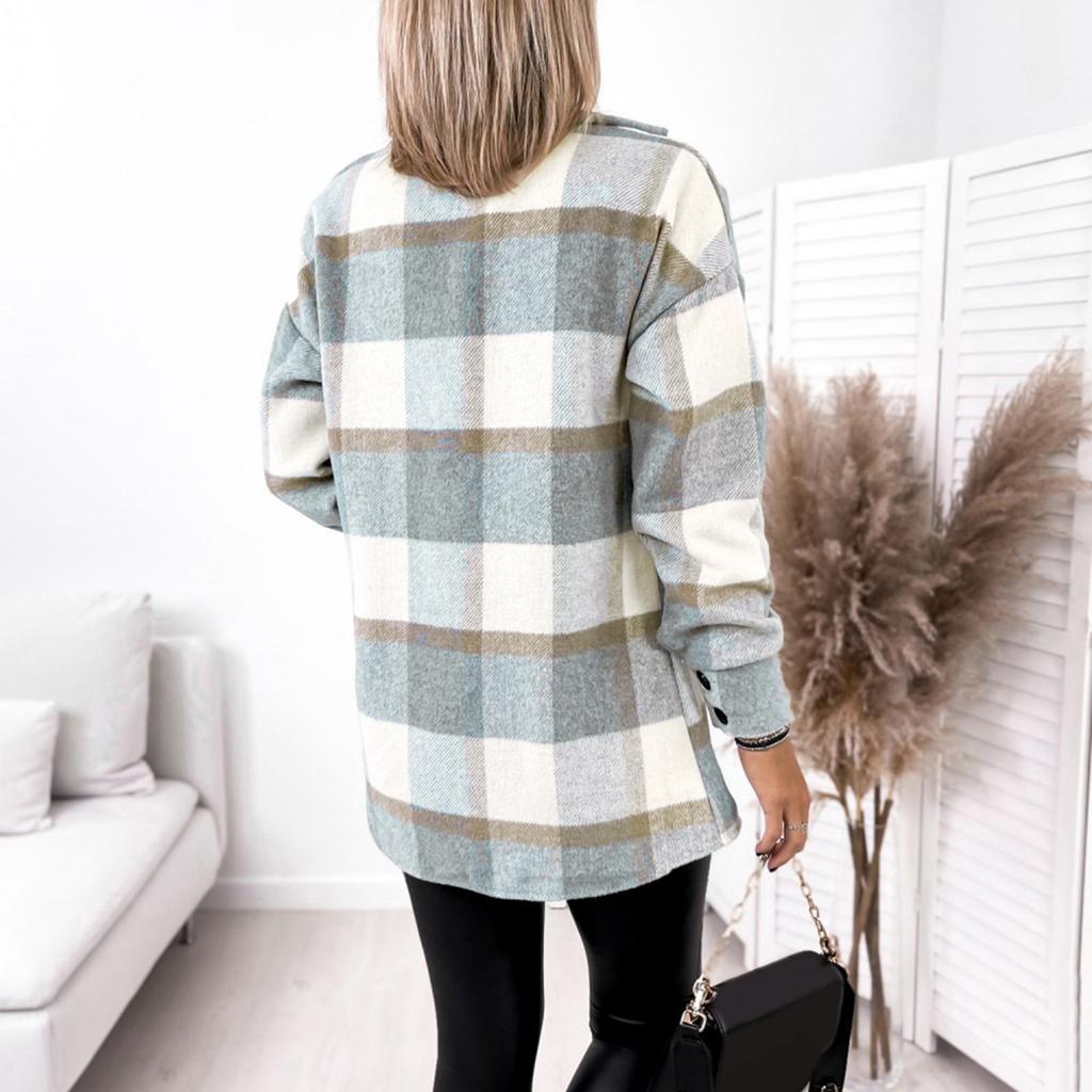 Women's Brushed Plaid Shirts Long Sleeve Flannel Lapel Button Down Pocketed Shacket Jacket Coats