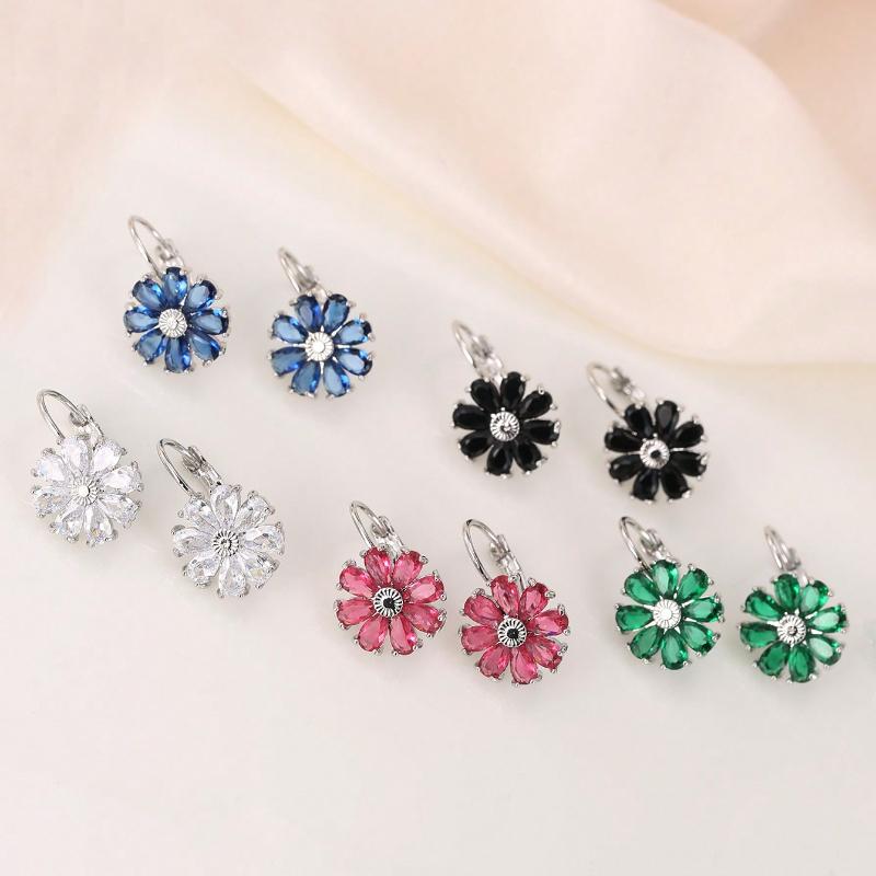 1 Pair Blue Flower CZ Zirconia Hoop Earrings for Women Girl Daily Wear Party Wedding Gift