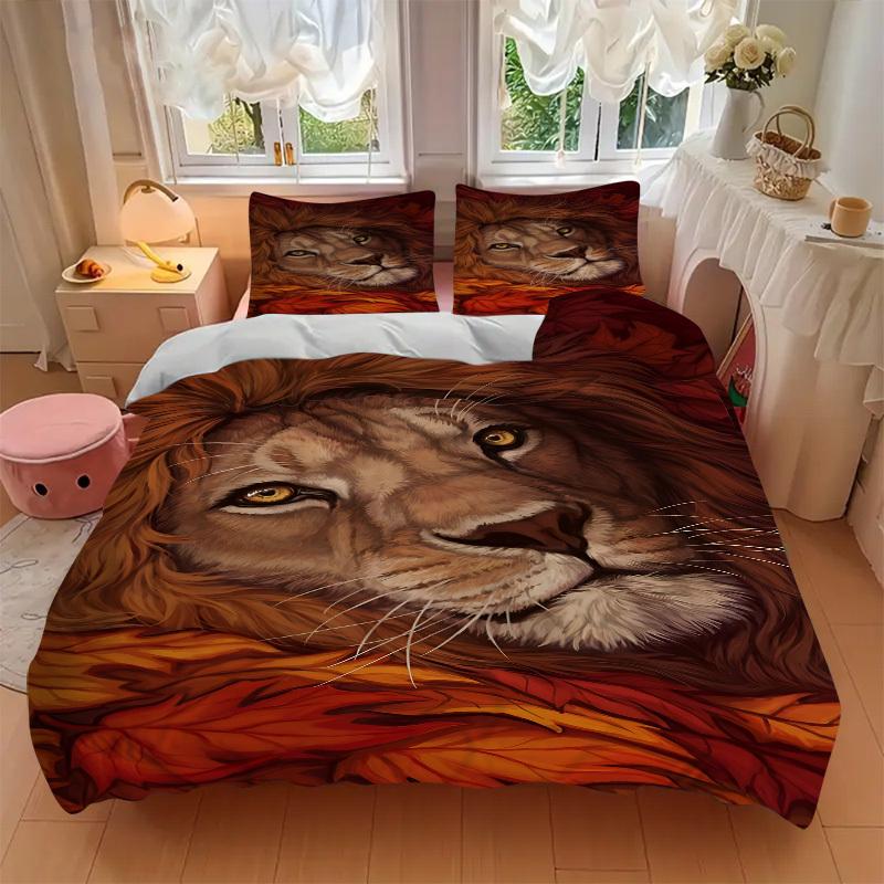 3pcs Lion, Autumn Leaves Bedding Set - 1 Duvet Cover + 2 Pillowcases(Core Not Included), Machine Washable Polyester yy251216142
