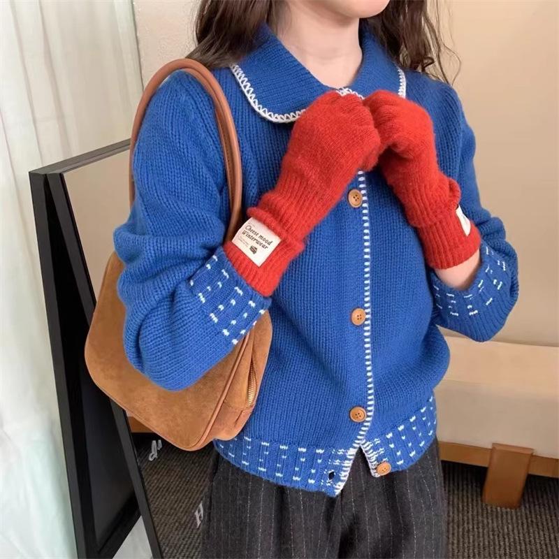 Women's Korean Sweet Style Color Block Cardigan - Turn-Down Collar, Slimming, Single-Breasted Knitted Sweater for Spring/Autumn