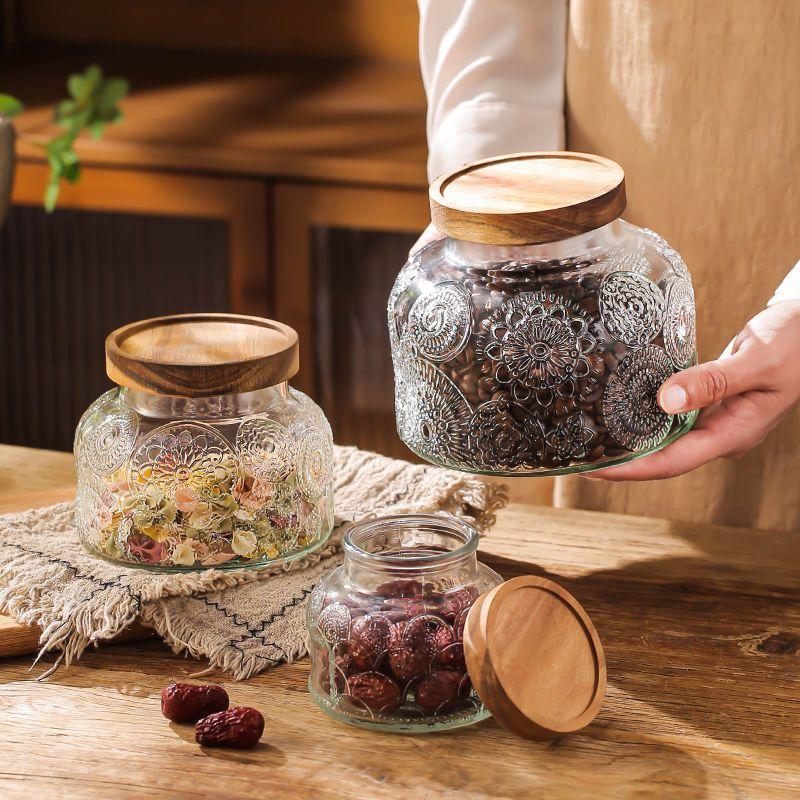Vintage Begonia Pattern Glass Sealed Jar Storage Box Kitchen Household Dried Fruit Snacks Large Capacity Storage Jar Container