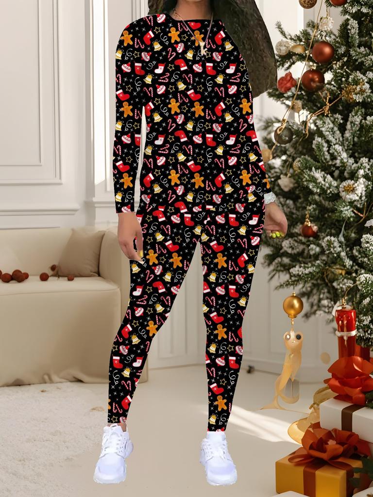 Damski 2-częściowy strój ze świątecznym nadrukiem: Top z długim rękawem z okrągłym dekoltem i spodnie, świąteczny limitowany casualowy strój na imprezę, prezent