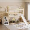 Cama beliche infantil 90*200 cm, cama alta, com escorrega e escada de armazenamento, construção com grade alta, estrutura de cama em madeira maciça, estrado de ripas, cor de madeira