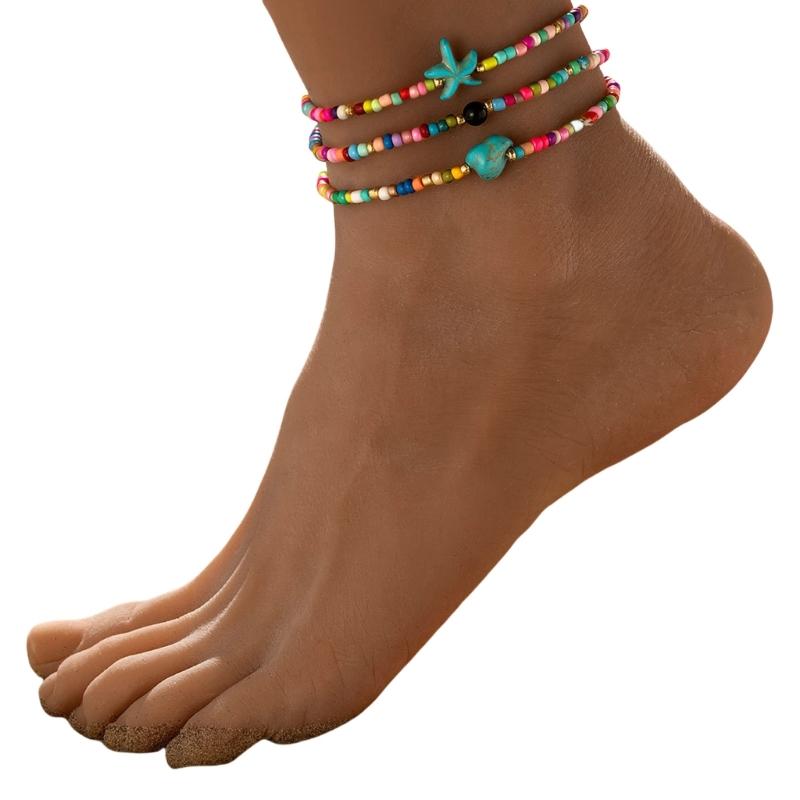 Набор из 3 богемных регулируемых эластичных браслетов на лодыжку с бирюзовыми, морскими звездами, смоляными бусинами для женщин, ювелирные изделия для путешествий