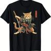 Japanese Style Samurai Cat Printed Summer Short Sleeved Tshirt Summer New Style Unisex Casual Tshirt