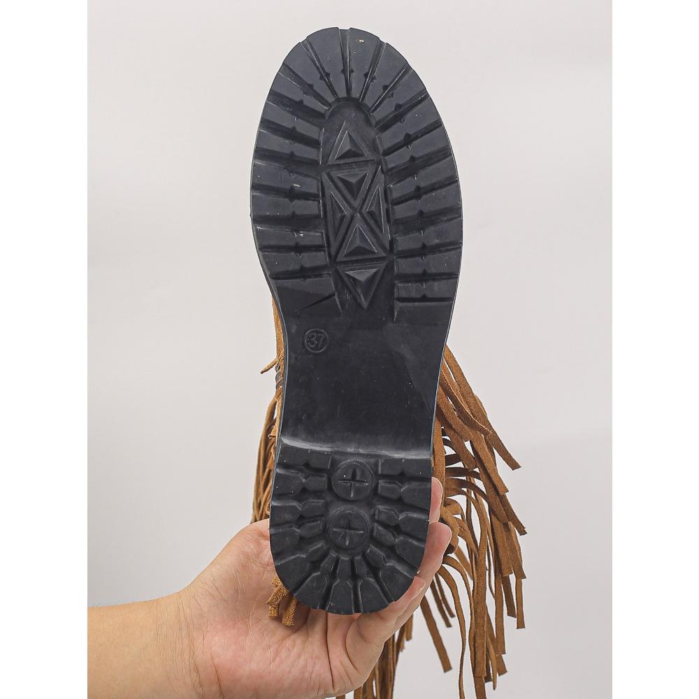 Dámské semišové boty s dvojitým třásněm, kotníkové boty na robustním středním podpatku se zipem na boku a kulatou špičkou, široké lýtko, nadměrné velikosti, dlouhé boty na podzim/zimu