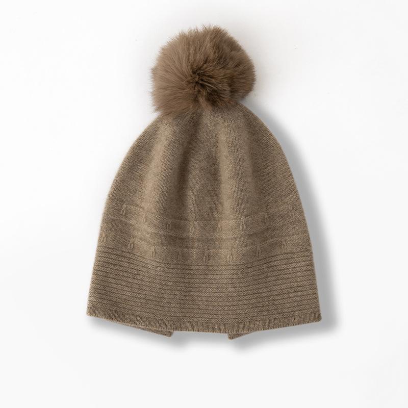 

Cashmere Autumn and Winter New Style Women s High End Solid Color Striped Fur Ball Thickened Warm Fashion Knitted Casual Hat one size