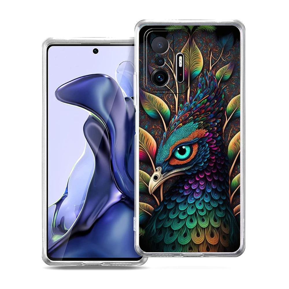 Transparent Phone Case for Xiaomi Mi 14 13 12 11 Ultra 13T 12T 11T Poco X3 NFC F3 F6 Pro 5G Soft TPU Animal Cute Peacock Pattern