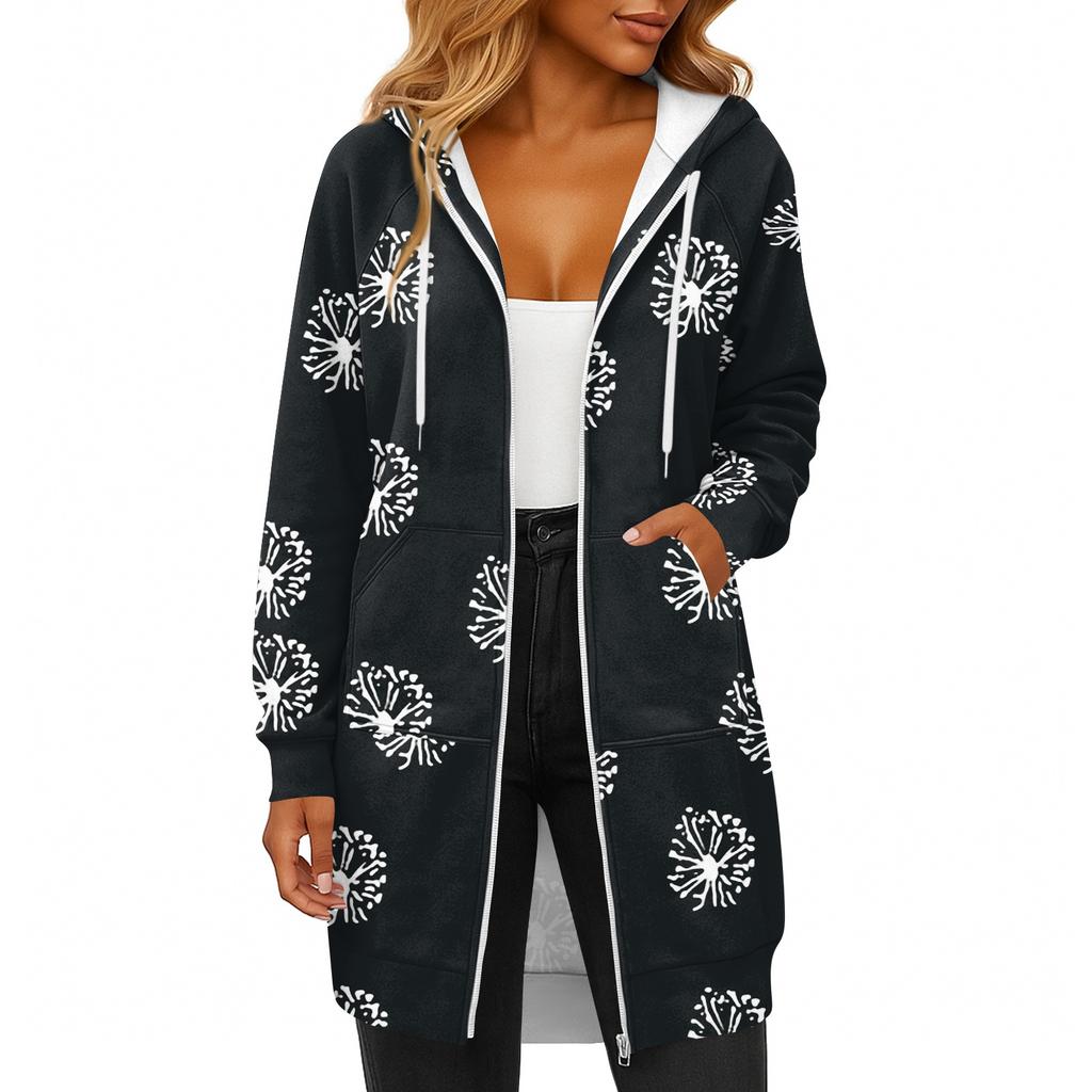 Women's Fashionable Printed  Long Sleeved Drawstring Hooded Zipper Pocket Long Casual Sweatshirt Jacket