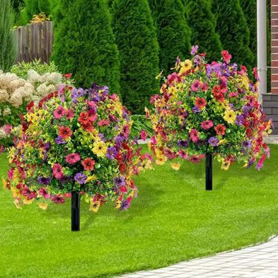 Mor Çiçekli Yapay Topiary Top Ağacı Dış Mekan Sahte Çalılar Zemin Kazığı ile UV Korumalı Ön Sundurma Bahçe Saksısı Dekorasyonu İçin Sahte Çalılar
