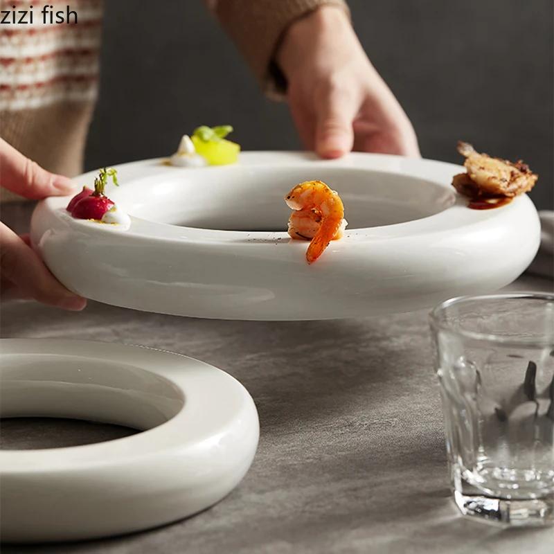 Round Donut Plate Ceramic Tableware Dessert Snack Plate Sushi Dish Dim Sum Dish Dinner Plate Artistic Conception Tableware