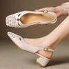 Hepburn Style Is Very Easy To Wear French Super Beautiful Soft Leather Hollow Woven Bag Head Sandals Women's Thick Heel 2025 Summer New Square Head