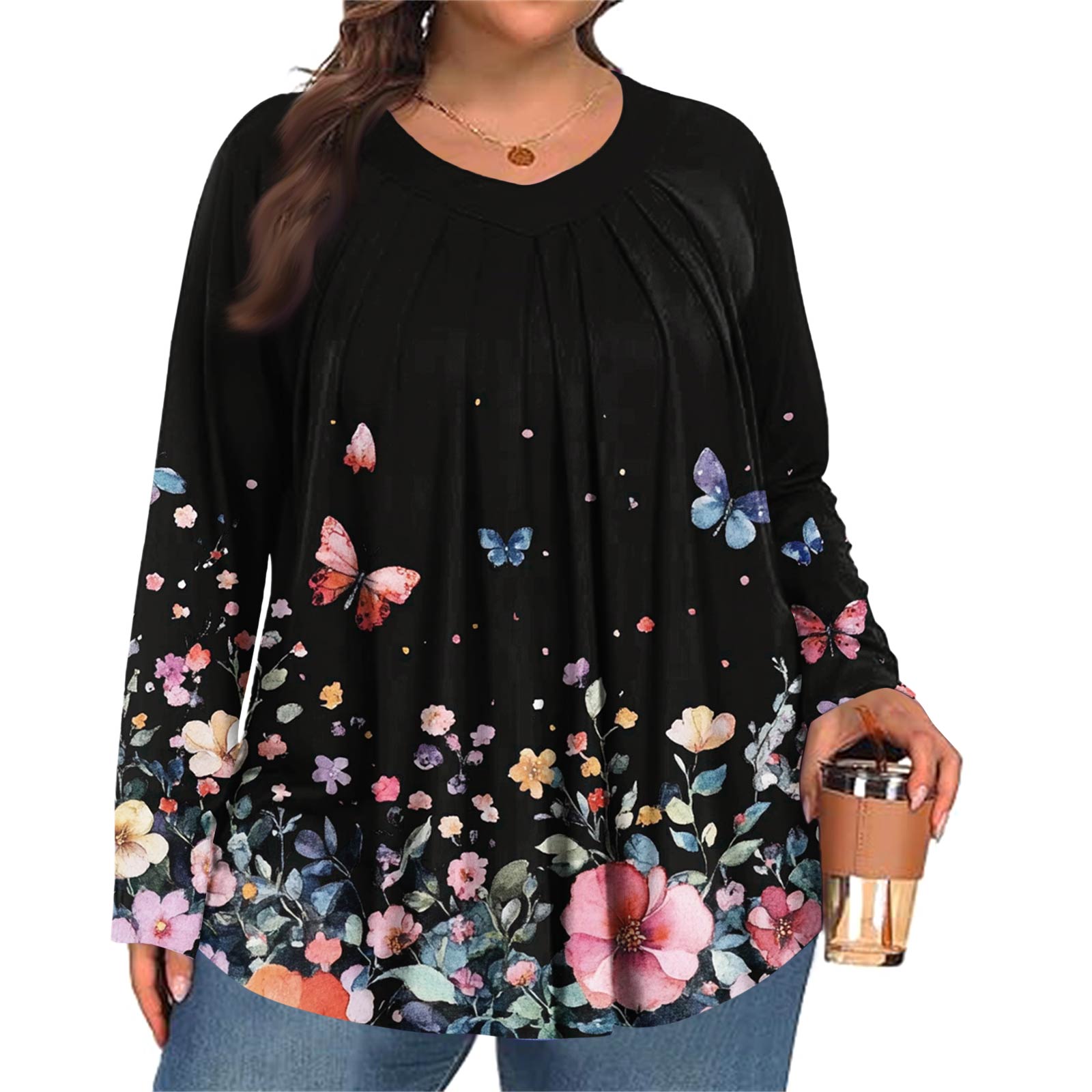 

Женский модный топ большого размера с принтом, повседневный плиссированный, с круглым вырезом и длинными рукавами XXXL розовый