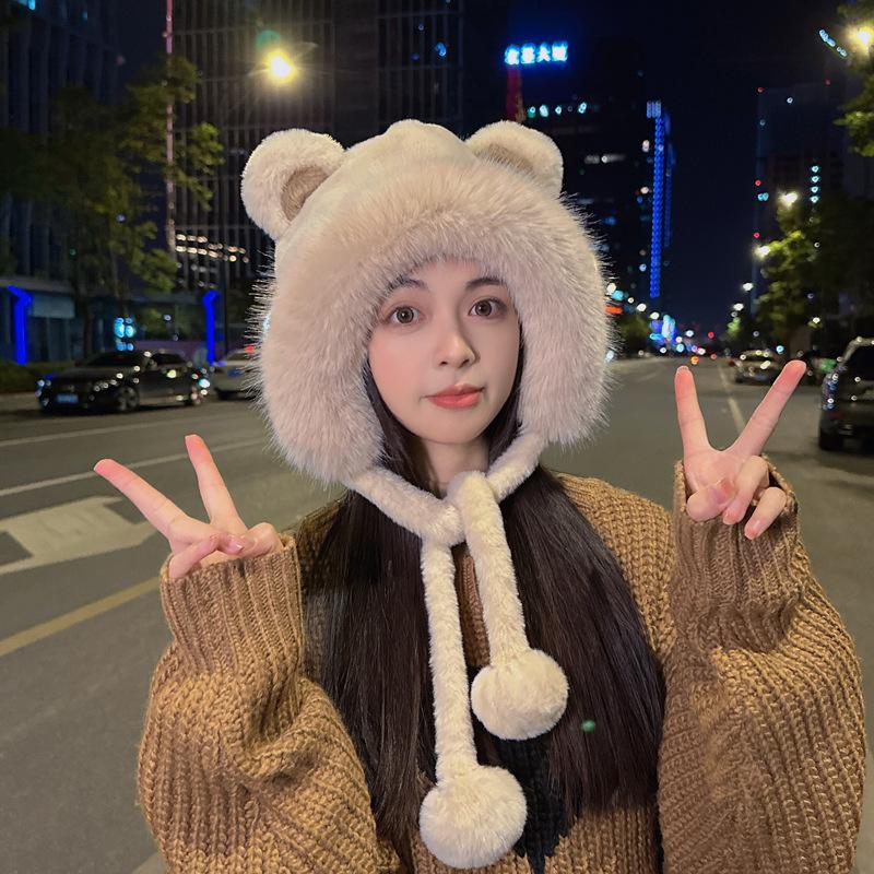 Cute Bear Ears Hairy Hat Women's Winter Versatile Ear Protection Bag Head Hat Thickened Warm Bag Head