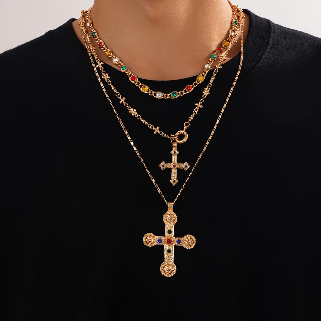 Ingemark Luxury Vintage Rhinestone Chain Imitation Pearl Chain Necklace for Women Punk Cross Pendant Choker Christian Jewelry